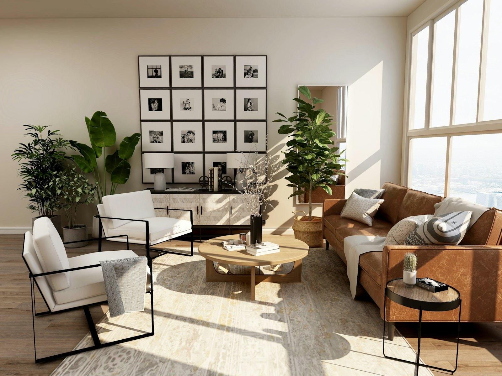 A sunlit living room with a leather sofa, lounge chairs, and tall windows.